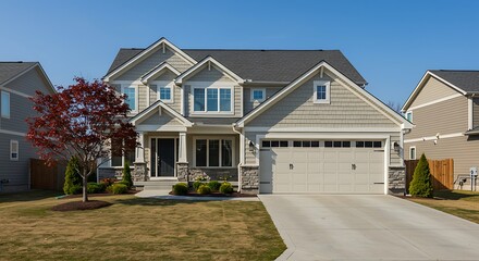 Fototapeta premium Real Estate Exterior Front House on a sunny day. Big custom made luxury house with nicely landscaped front yard and driveway to garage in suburbs. Modern designed home, New construction home exterior 