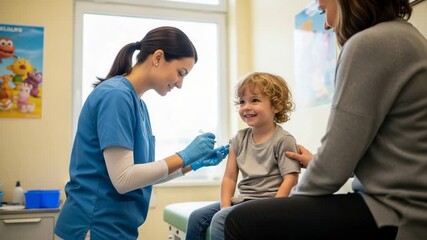 Young child receives vaccination in a pediatric clinic during daytime with a smiling nurse and a parent present - Powered by Adobe
