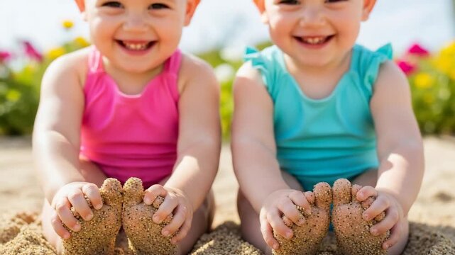 Toddlers enjoying Wiggle Your Toes Day by playing in soft sand at a sunny beach
