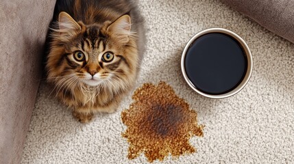 Curious Cat and Coffee Spill on Carpet