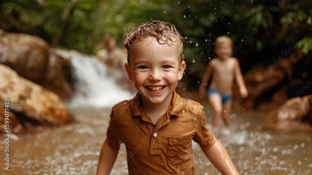 Poster adventurous family on a summer vacation exploring a hidden waterfall capturing smiles and splashes a