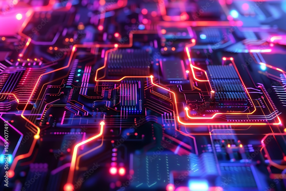 Poster modern circuit board with glowing components, technology and engineering concept. high tech system
