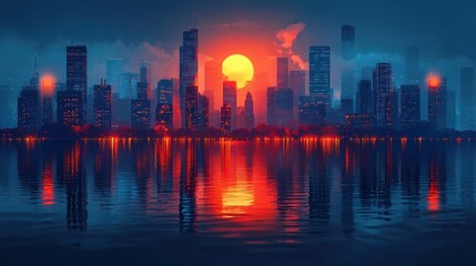 Fototapeta premium Cityscape Sunset Reflection: A Stunning Metropolis at Dusk