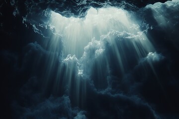 Rays of Light Streaming Down Through Cloudy Sky, Dramatic Atmospheric Scene