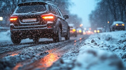 Winter Drive: Snowy City Street at Dusk