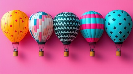 Five Colorful Hot Air Balloons on Pink Background: A Festive Flight of Fancy