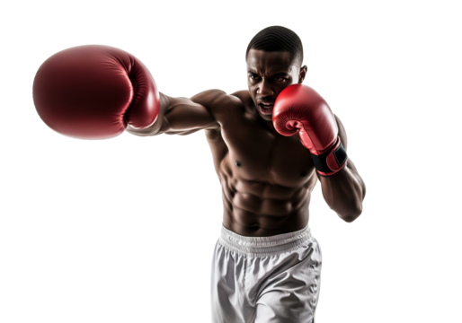Intense male boxer with a fierce expression delivers a forceful punch against white