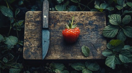 Rustic Still Life: A Single Strawberry on a Weathered Wooden Cutting Board