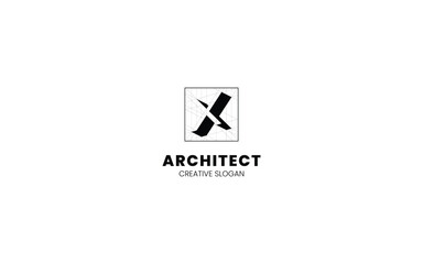 Fototapeta premium Letter X Architect logo with isometric bottom left view and technical sketch style