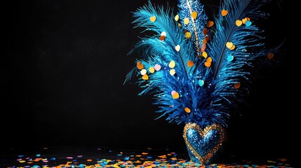 Blue Glittery Heart-Shaped Carnival Mask with Feathers and Confetti