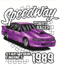 Purple and painted racing car. Isolated in black background, for t-shirt design, print. and for business purposes.