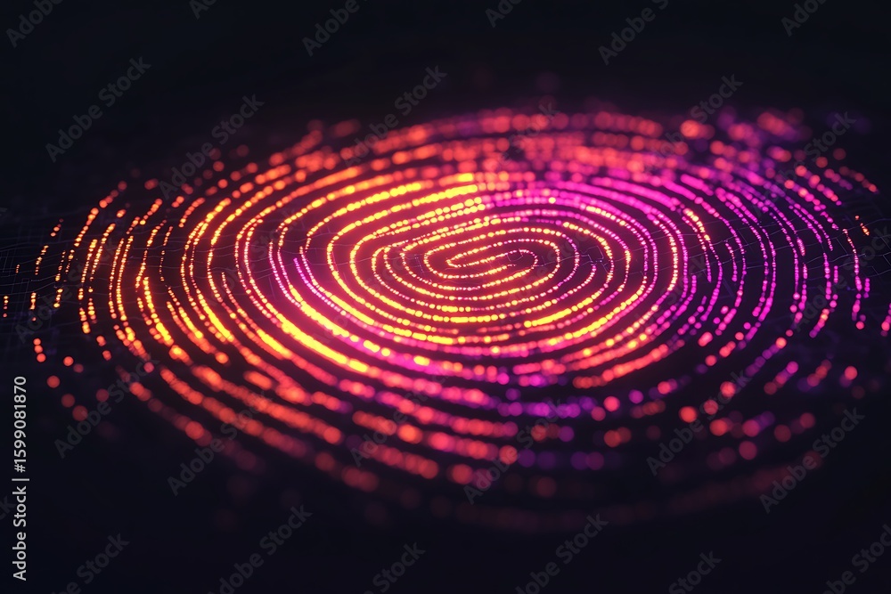 Poster digital fingerprint scan with glowing dots: biometric identification and technology concept