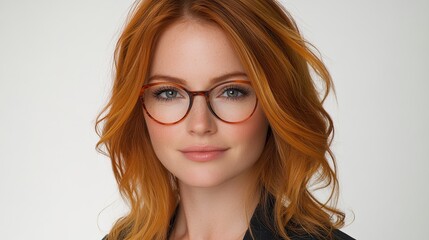 Portrait of a beautiful redhead woman wearing glasses on a white background