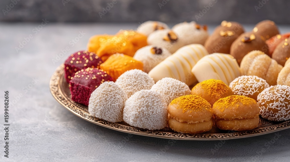 Aufkleber assortment of delicious and elegantly displayed eid sweets on a decorative platter with a soft focus