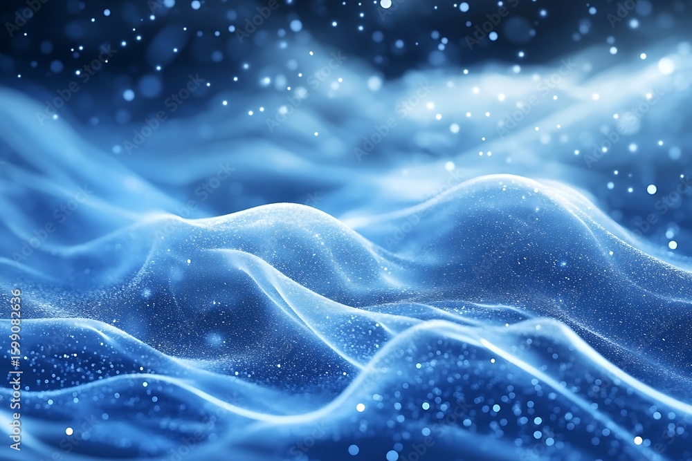 Poster abstract blue landscape with sparkling particles soft wave background design