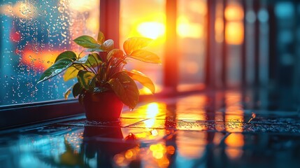 Rainy Sunset Serenity: A Plant's Window View