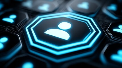 Glowing blue hexagon on keyboard, a symbol of modern technology, security, and digital innovation
