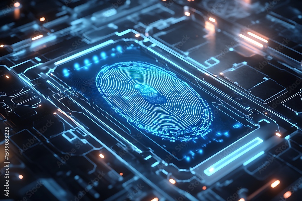 Poster futuristic fingerprint authentication technology on circuit board for cybersecurity and data protect