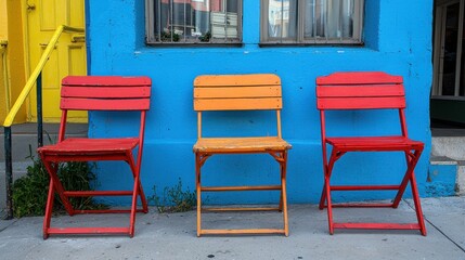Vibrant Street Scene: Three Colorful Chairs Against a Blue Wall