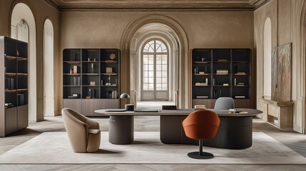 Elegant Modern Office Interior Design: Luxurious Workspace with Custom Furniture and Classic Architecture