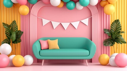 Colorful and Cheerful Decorated Family Home Interior with Festive Balloons Banners and for Eid and Holiday Gathering
