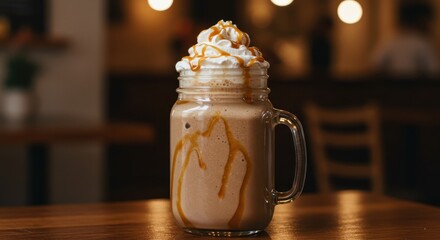 Creamy Caramel Beverage Topped With Whipped Cream In A Mason Jar On A Wooden Table