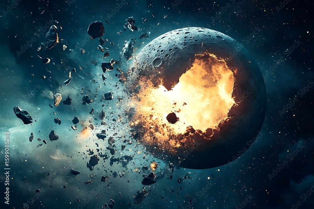 Poster exploding planet in space with debris and fire dramatic scene