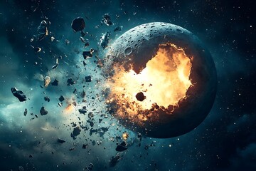 Exploding Planet in Space with Debris and Fire Dramatic Scene