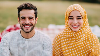A group of diverse friends sharing laughter and joy during an outdoor Eid picnic a casual and festive atmosphere in the natural setting