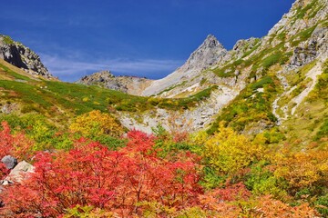 青空に映える槍ヶ岳と紅葉の氷河公園