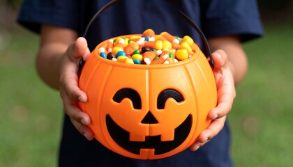 Child holding a Halloween pumpkin bucket full of candy