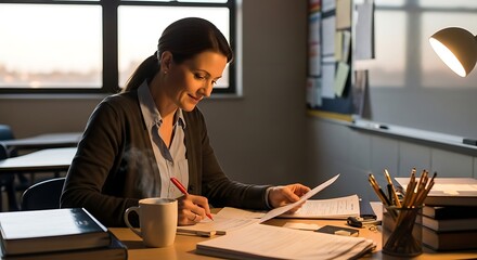 Woman Writing and Working at Desk Smiling in Office Environment