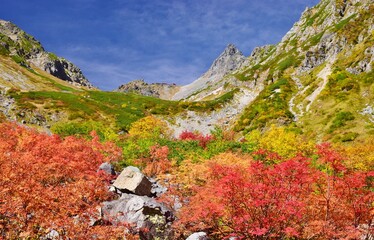 青空に映える槍ヶ岳と紅葉の氷河公園
