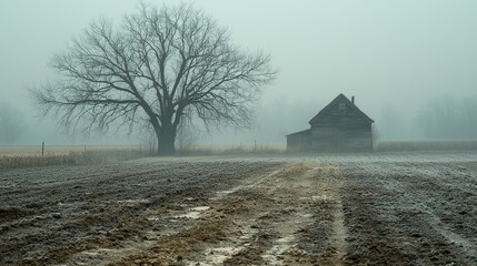 Misty Morning on the Farm: A Solitary Farmhouse and Bare Tree in a Frosty Field