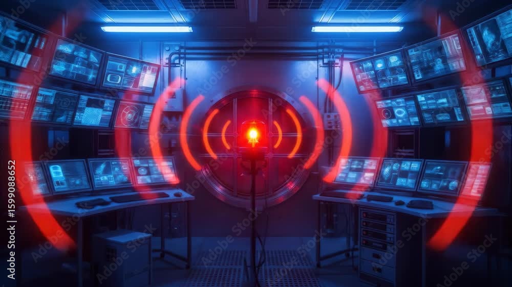 Poster futuristic control room with computers, red signal light and monitor displays for technology, data, 