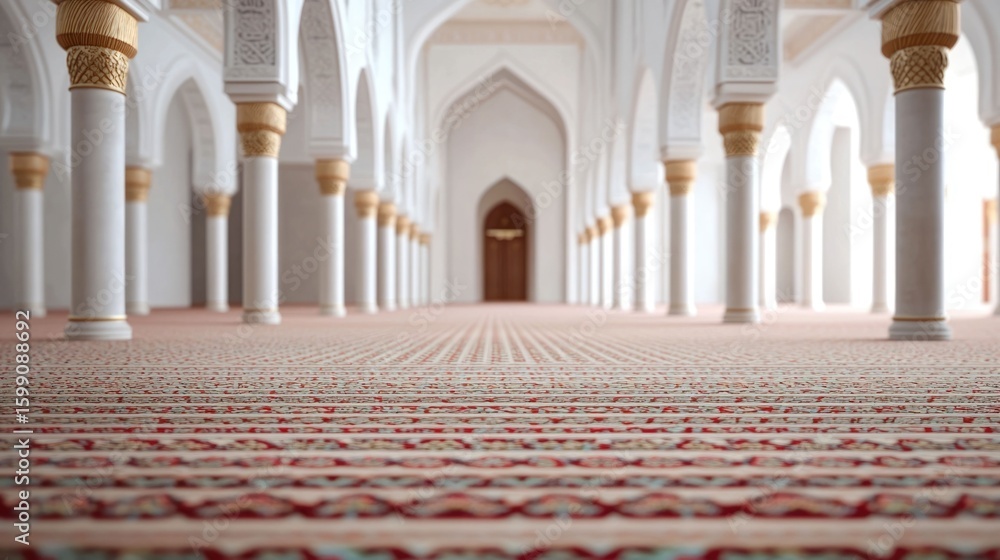 Poster intricate and ornate interior of a mosque featuring elegant columns arches tiles and patterns during