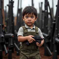 A child holding a toy gun among real weapons, symbolizing child soldiers