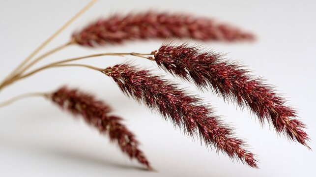 Close-up of three burgundy-red, dried grass stalks with delicate, feathery seed heads against a muted white background, showcasing texture and detail