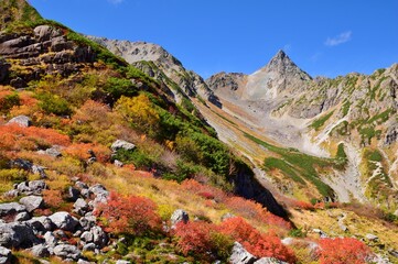 青空に映える槍ヶ岳と紅葉の氷河公園