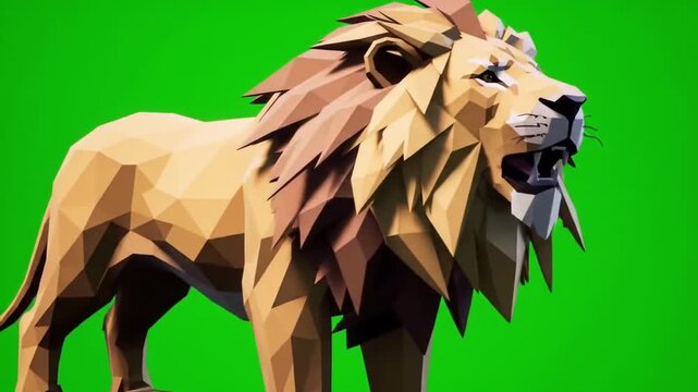 A low-poly 3D model of a majestic male lion roaring against a solid green screen background.