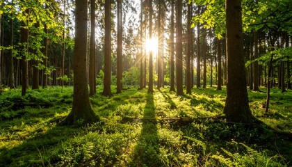 Fototapeta premium Sunlight filtering through a dense forest (1)