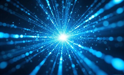 A vibrant blue light bursts forth, radiating outward in streaks of sparkling particles.  The effect creates a sense of intense energy and movement, like looking down a futuristic tunnel.