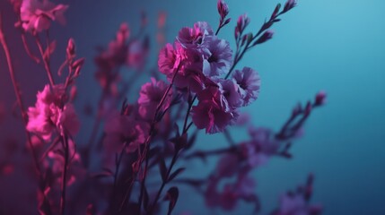 Pink flowers, neon light, blue background, studio shot, floral design