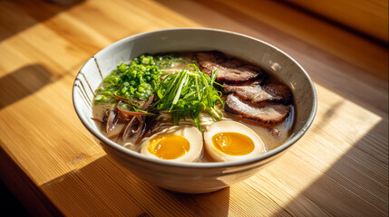 Close up shot of a bowl of ramen with pork, eggs, and green onions on a wooden table surface