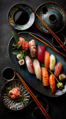 A beautifully arranged sushi platter with various types of sushi and dipping sauces on a dark table