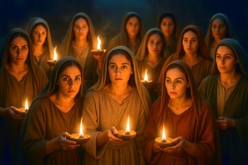 Women holding oil lamps, Bible scene