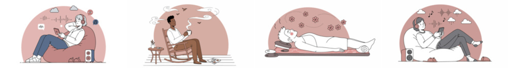 Illustration of four people in different scenes of quiet reflection with pastel colors and sound waves