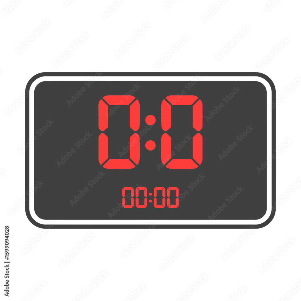 Poster a digital clock displays the time zero zero zero zero in red.