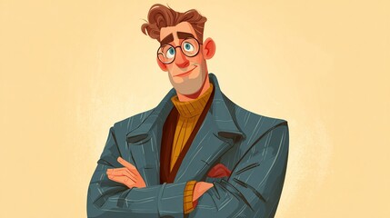 Animated man in glasses and coat smiling with arms crossed, golden background