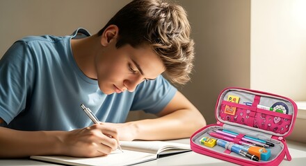 Teenager Writing in Notebook with Open Pencil Case Nearby